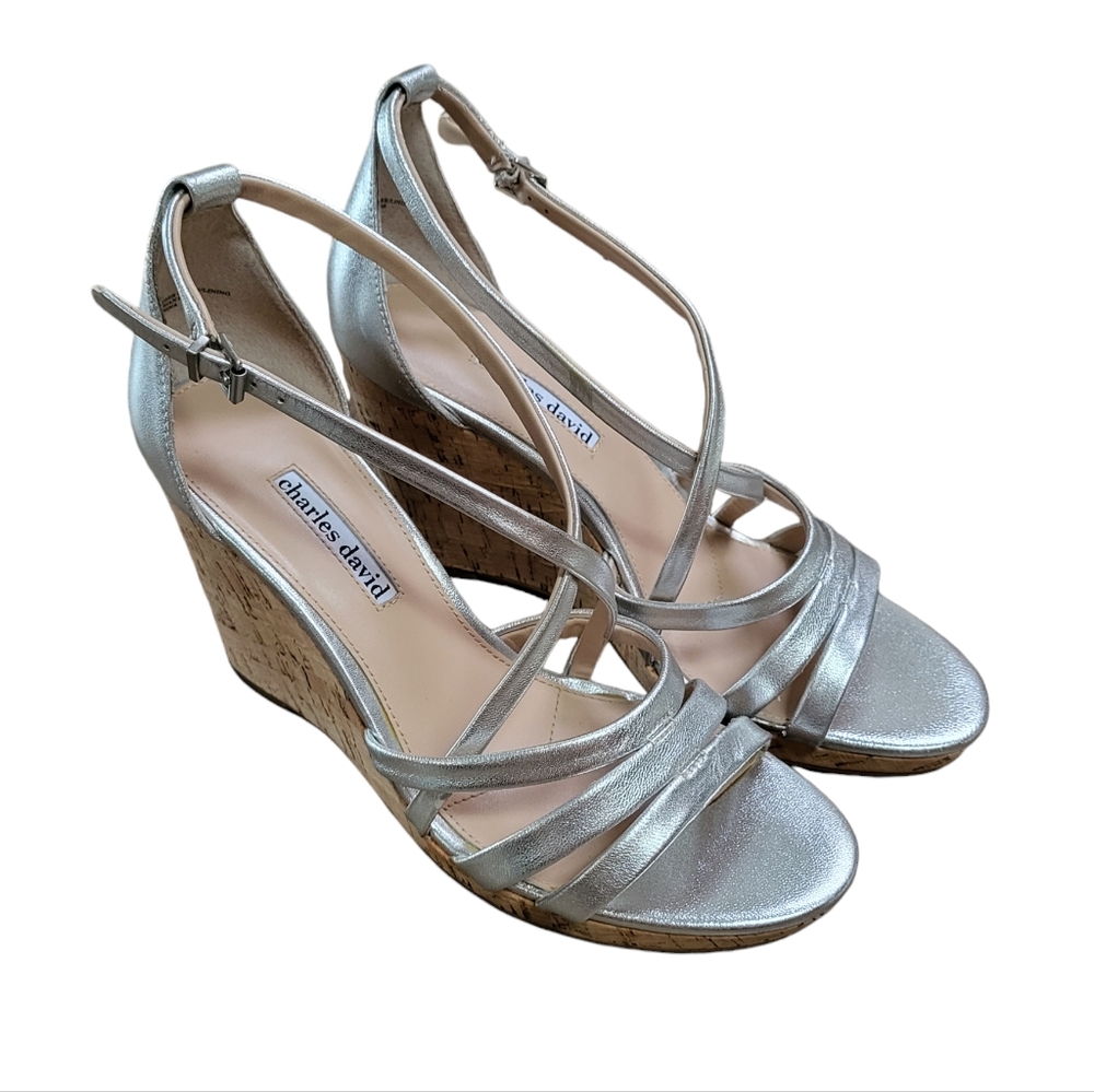Charles David Wedge Sandals Womens Size 9.5 Cork Metallic Silver Bridal Strappy